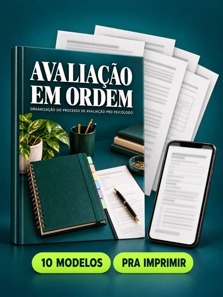 Montagem ilustrativa do Avaliação em Ordem: livro com a capa, páginas do material e celular